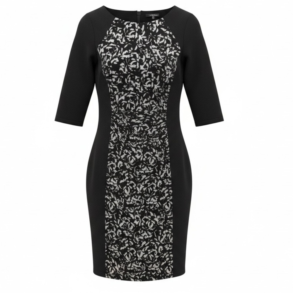 Chaps Black and White Floral Long Sleeve Dress
